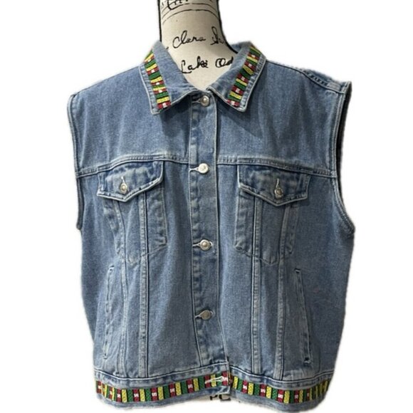 DENIM VEST Y2K 90’s COLORFUL EMBROIDERED Sz 22W BIKER ROCK HIPPIE AESTHETIC - Picture 1 of 14